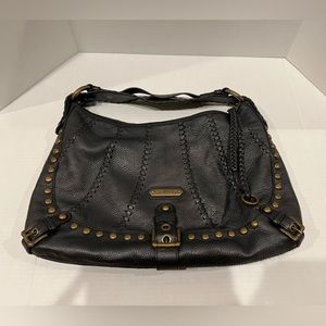 Isabella Fiori Audra Studded Brass Buckle, Quality Black Leather Hobo